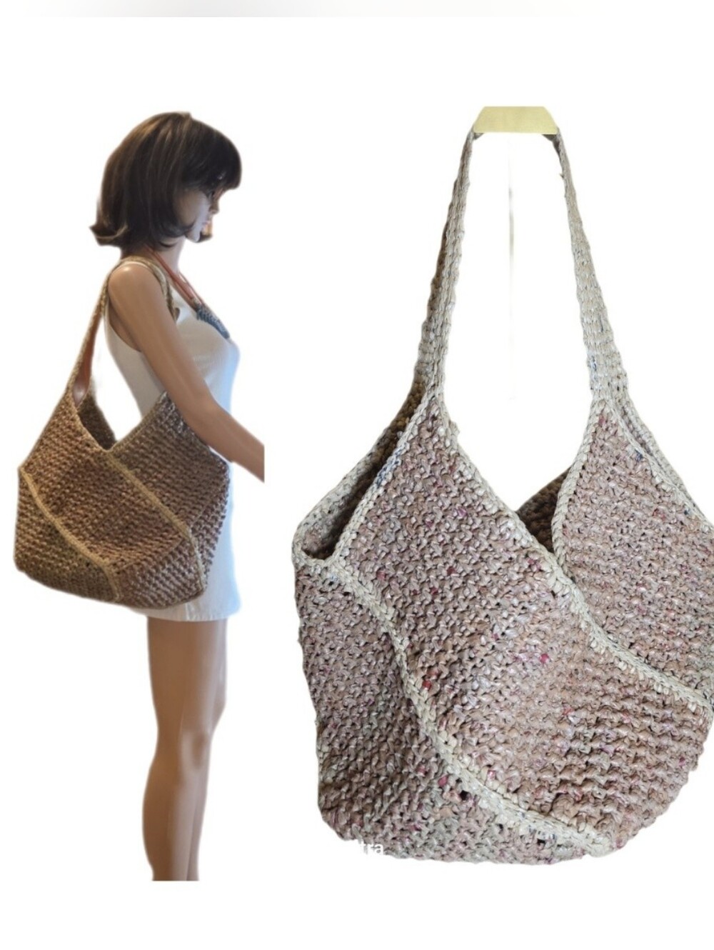 Upcycled Woven Plarn Tote Bag Eco-Friendly Boho Double Strap Shoulder Bag
